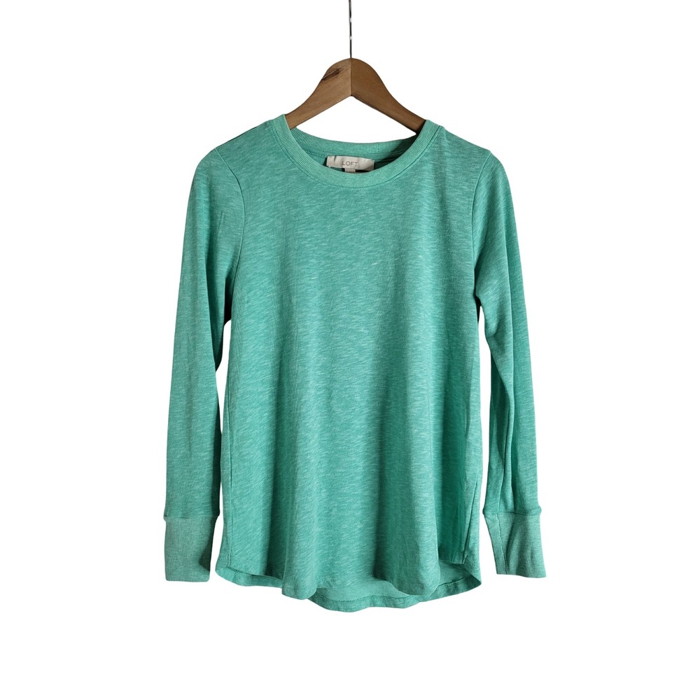 LOFT Small Mint Green Heathered Long Sleeve Crew Neck Top Ribbed Cuffs Breathy